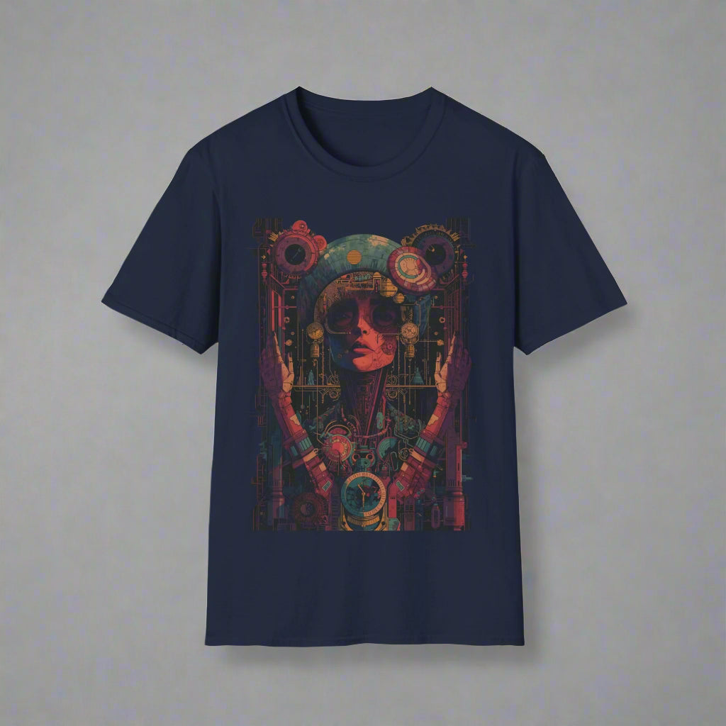 Navy blue t-shirt with a colorful graphic design