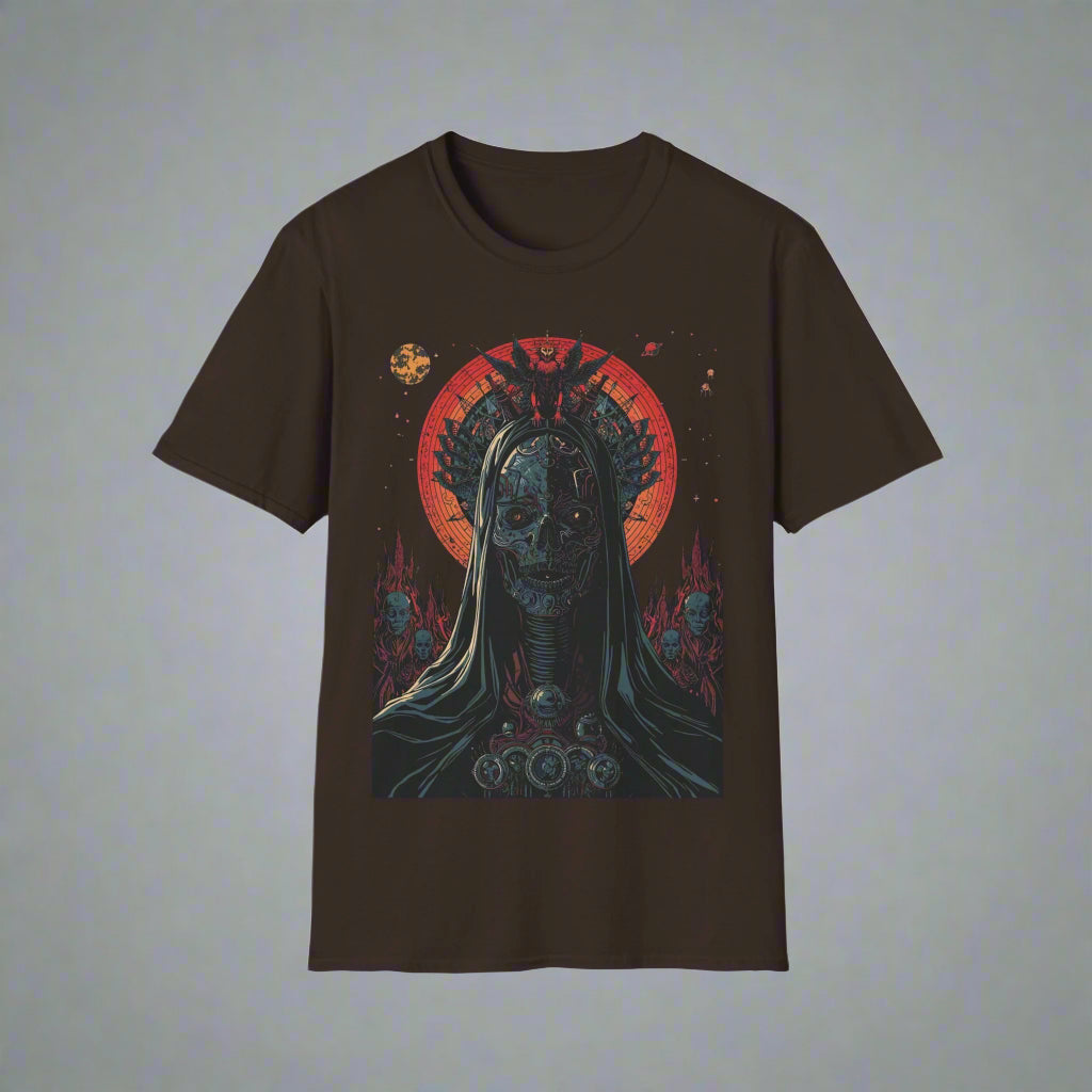 Black t-shirt with a graphic design of a skull with a halo