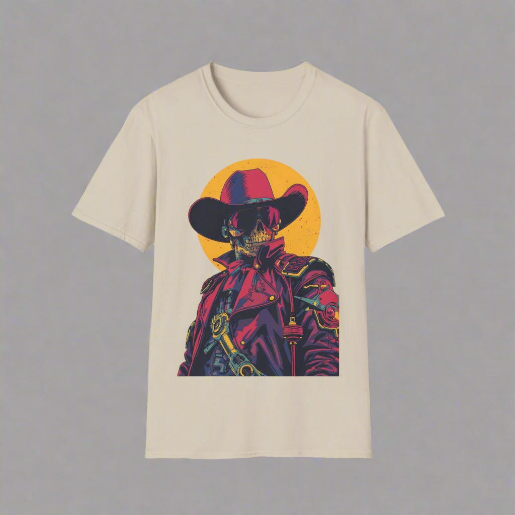 Beige t-shirt with a colorful graphic of a skeleton in a cowboy outfit