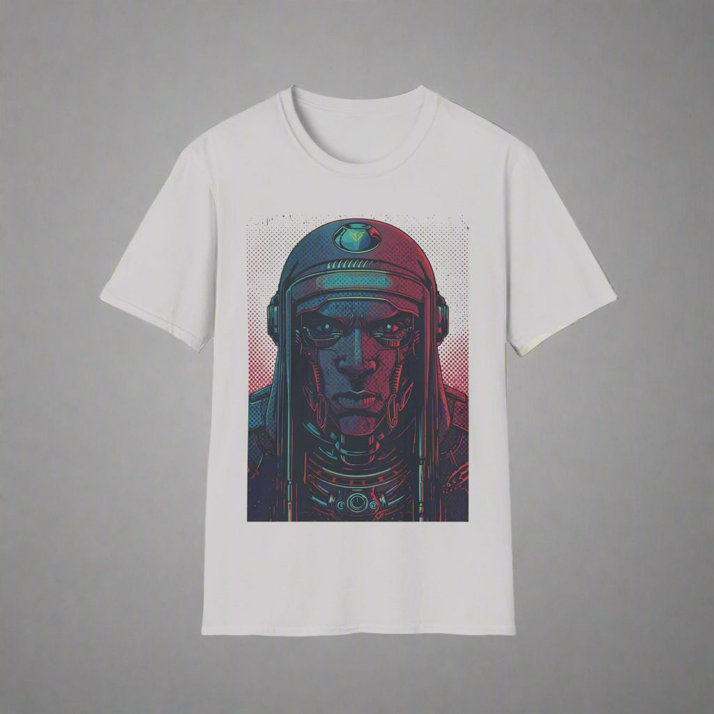 White t-shirt with a graphic of a character in a helmet