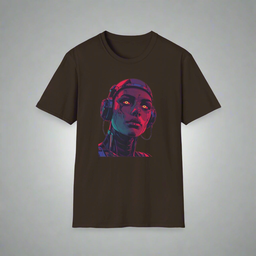 Black t-shirt with a colorful graphic of a person wearing headphones