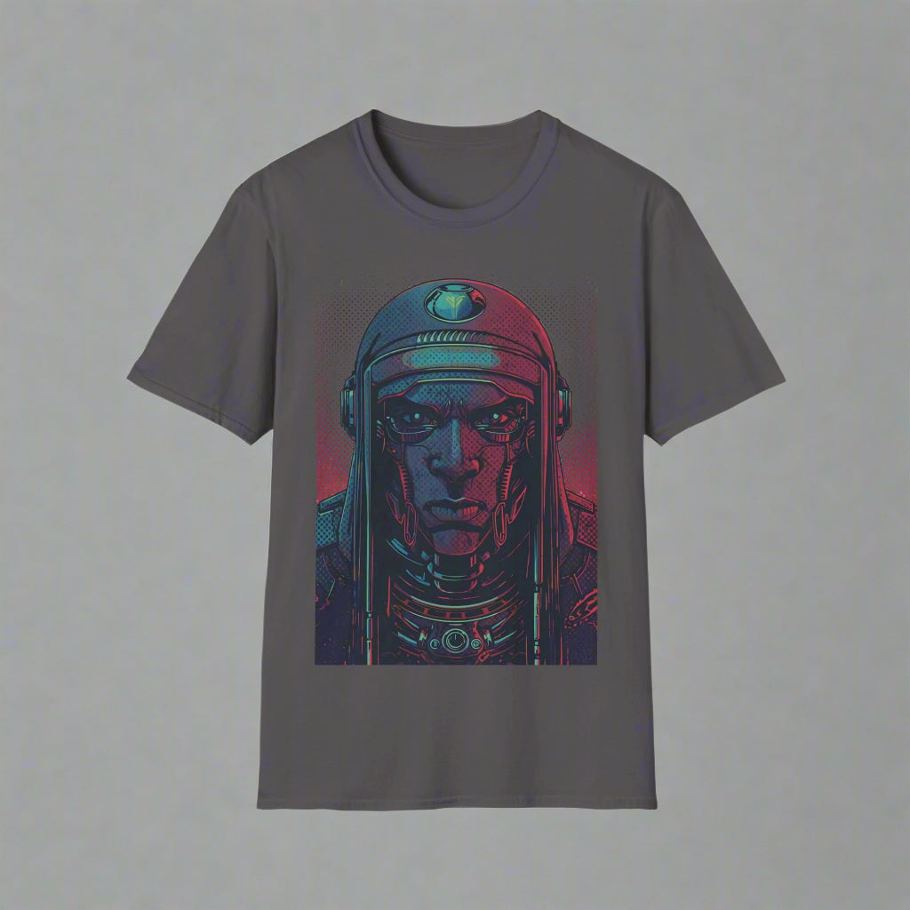 Gray t-shirt with a graphic of a person in a space suit
