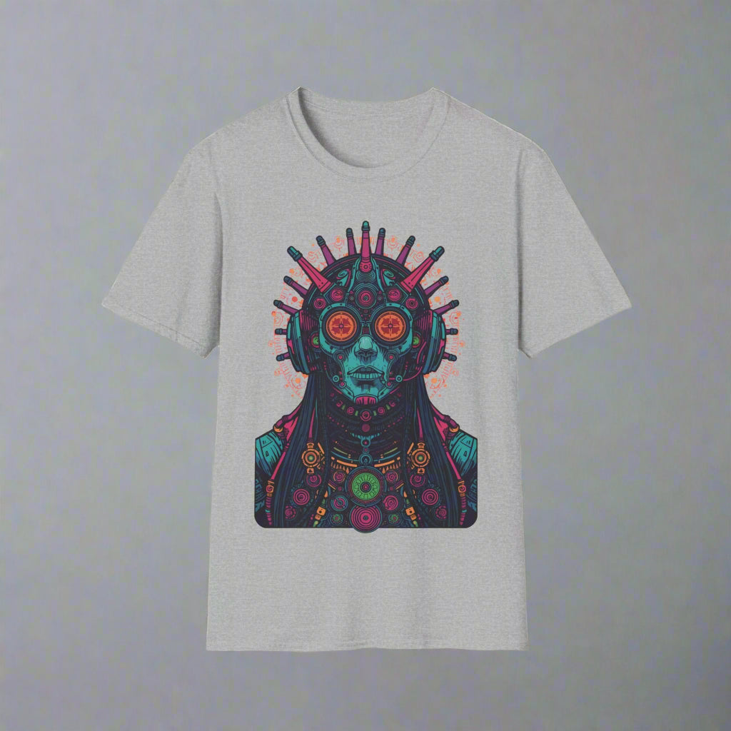 Gray t-shirt with a colorful alien design on