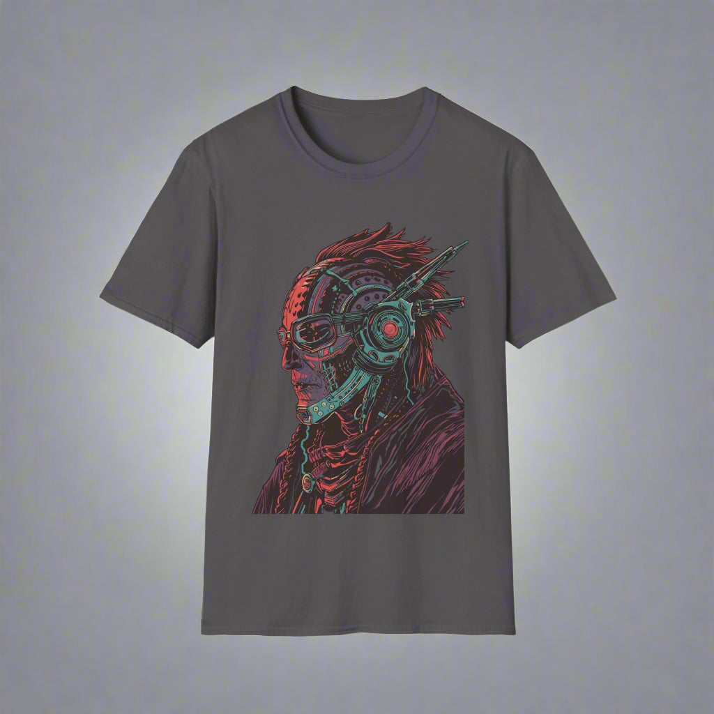 Gray t-shirt with a colorful graphic design