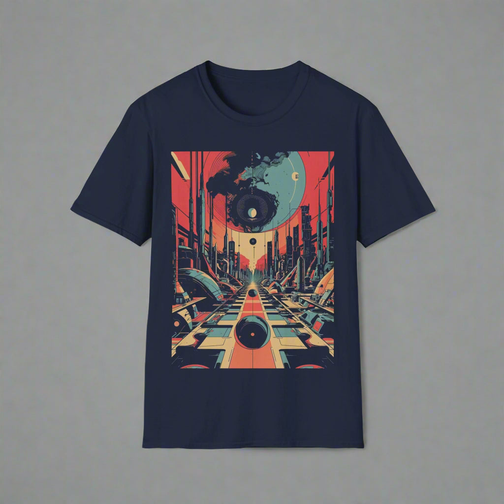 Navy blue t-shirt with a futuristic cityscape design