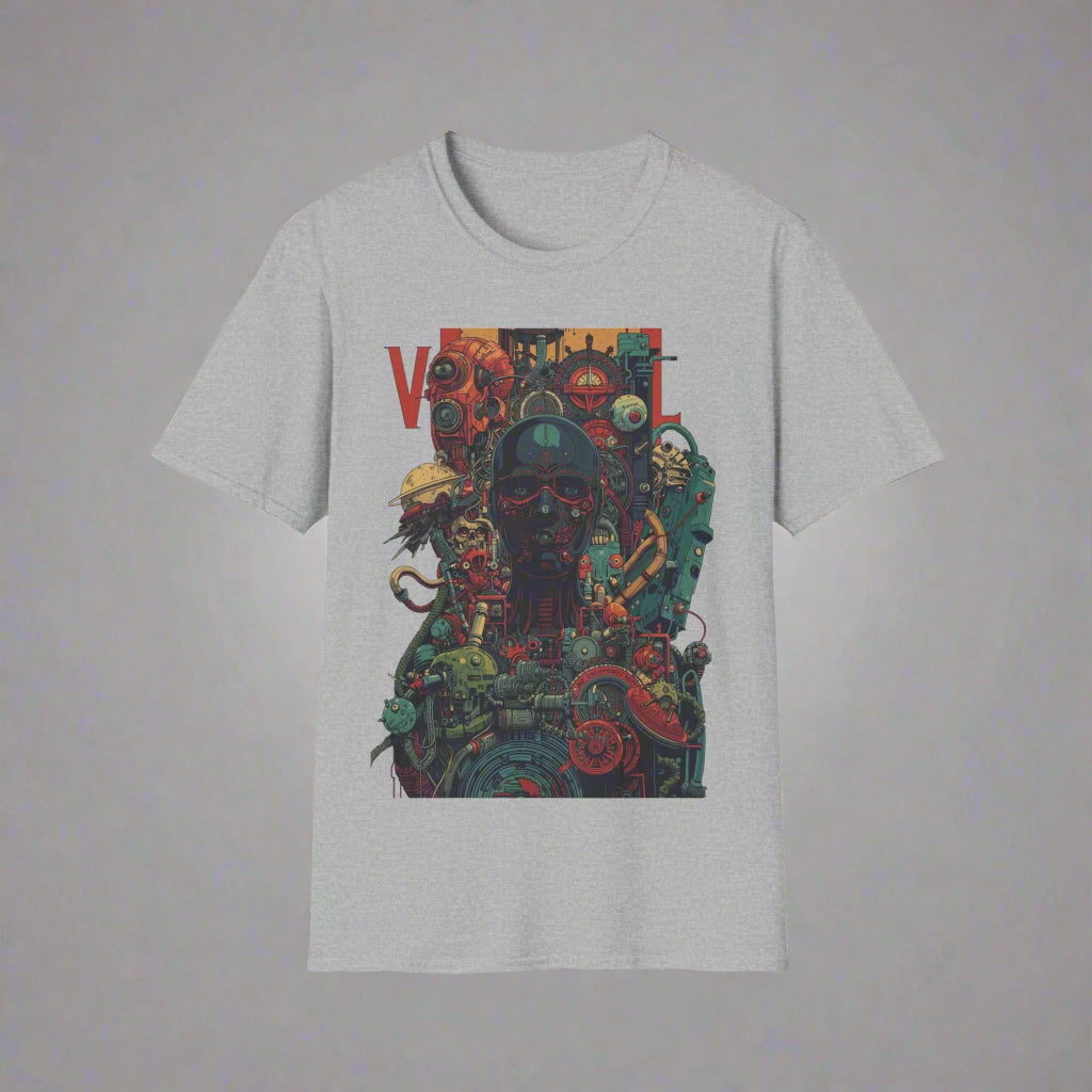 Gray t-shirt with a colorful graphic design