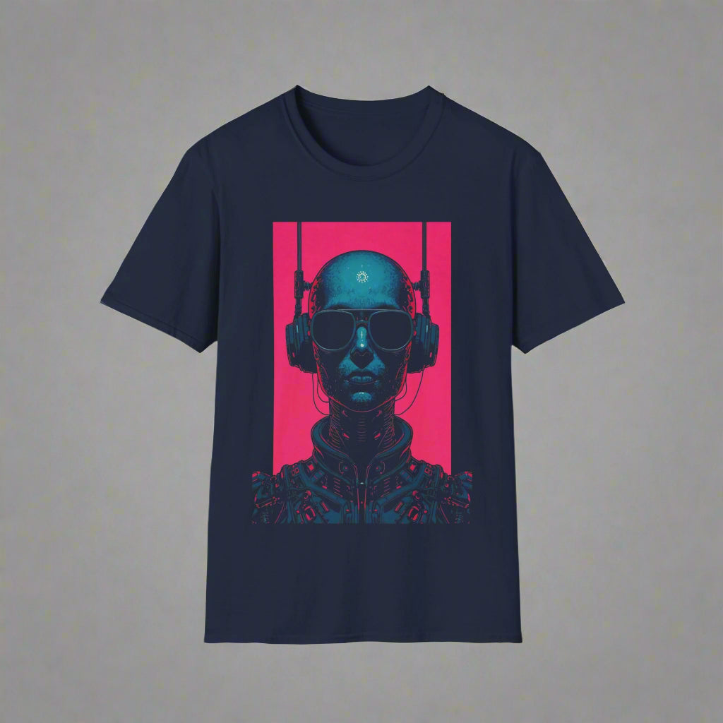 Navy blue t-shirt with a graphic of a person wearing headphones and sunglasses on a pink background