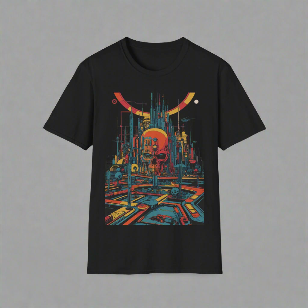 Black t-shirt with a colorful futuristic cityscape design