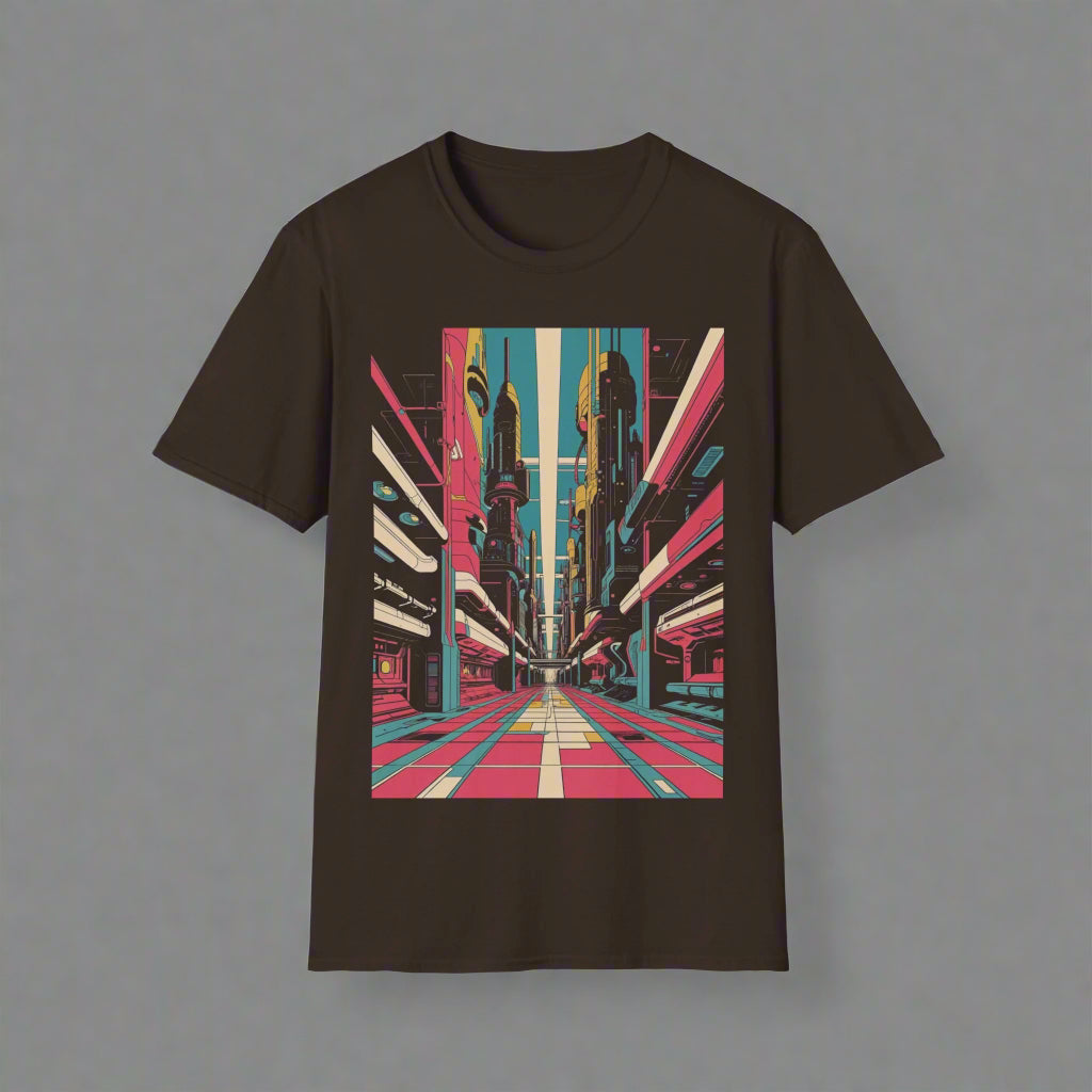 Black t-shirt with a colorful graphic of a futuristic city street