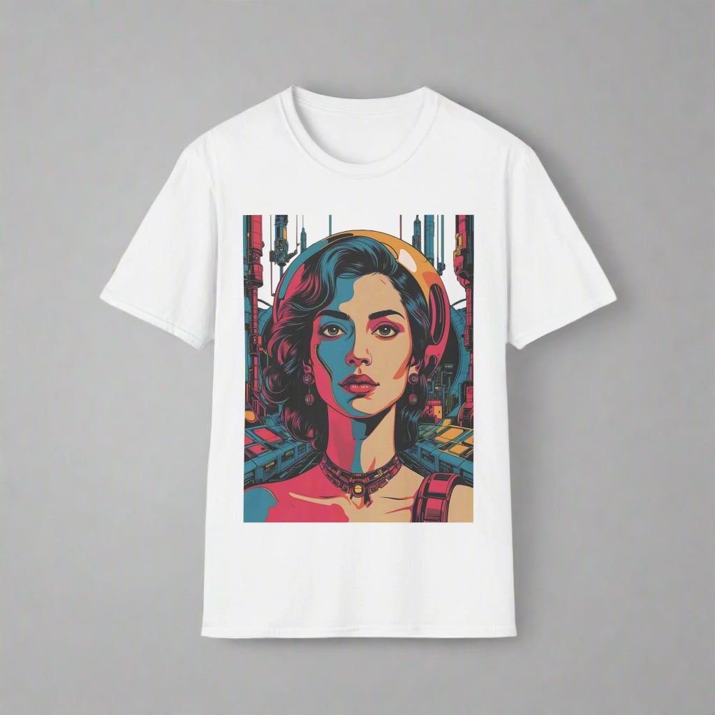 White t-shirt with a colorful graphic of a woman's face