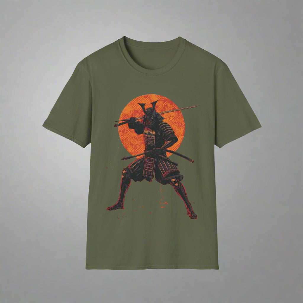 Green t-shirt with a samurai design on an orange