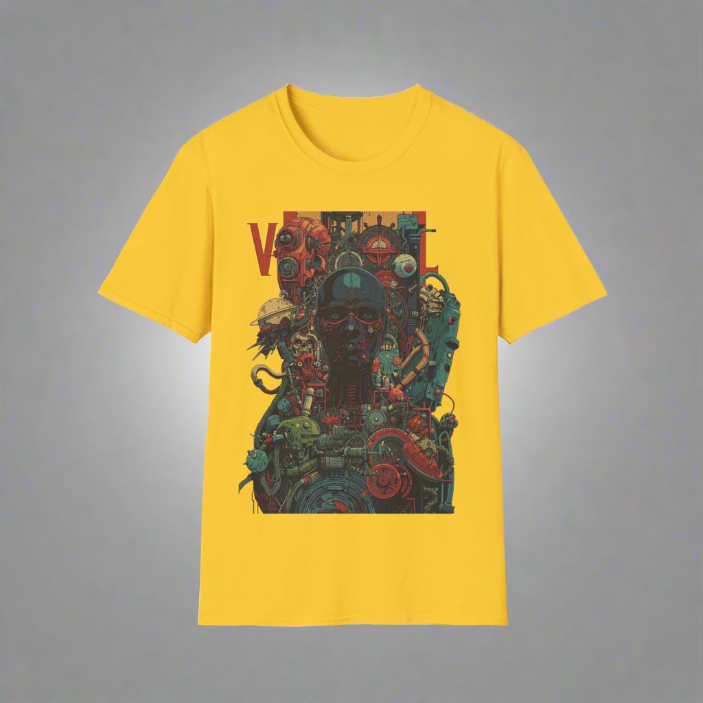 Yellow t-shirt with a colorful graphic design