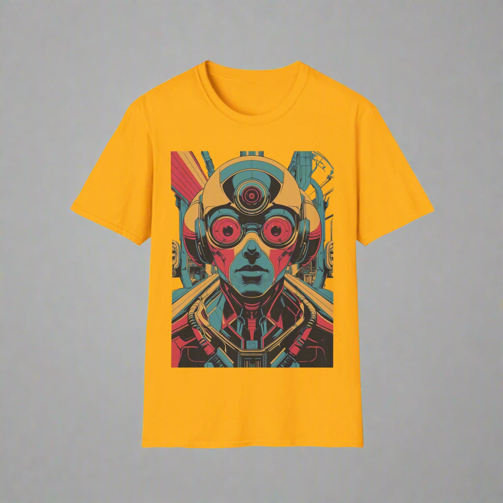 Yellow t-shirt with a colorful graphic design