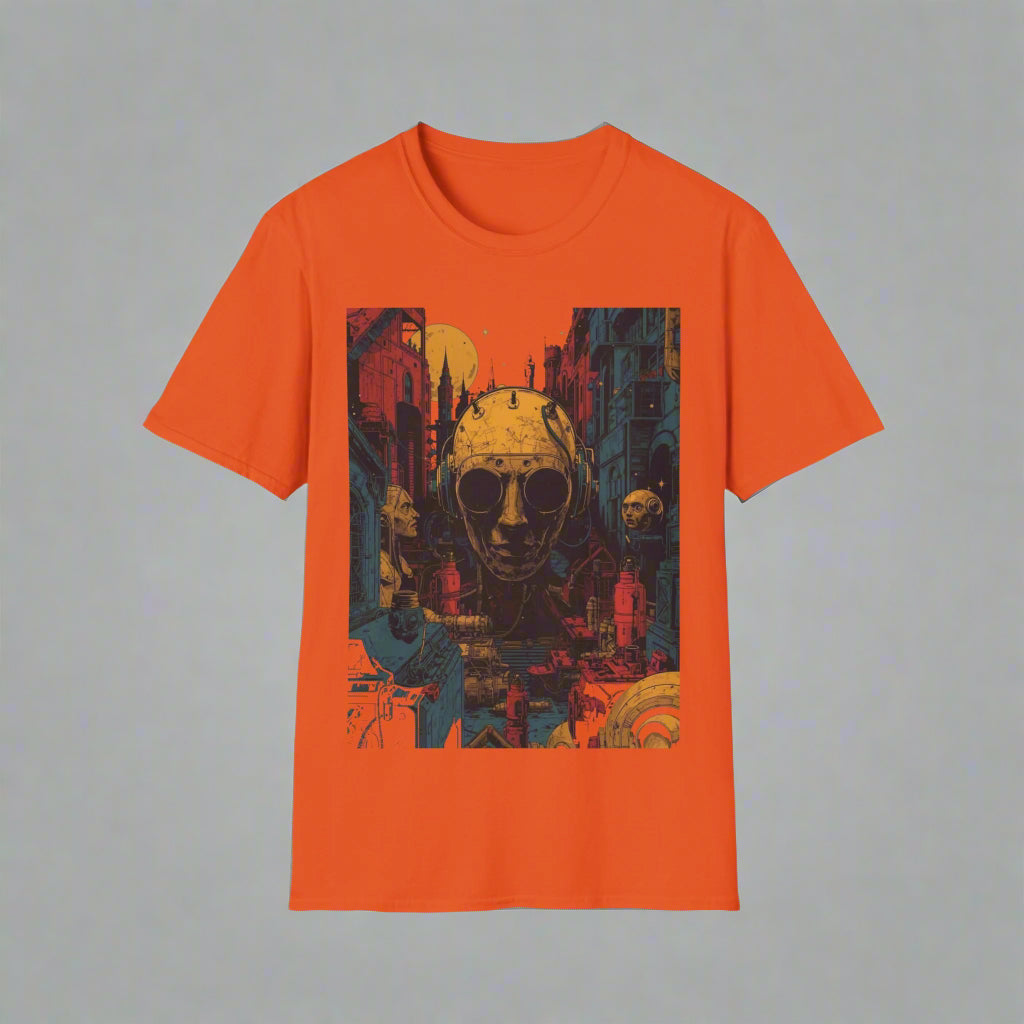 Orange t-shirt with a graphic design of a helmeted figure in a cityscape