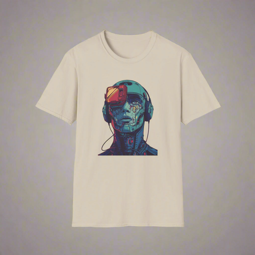Beige t-shirt with a graphic of a person wearing headphones