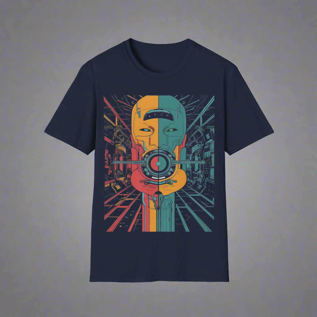 Navy blue t-shirt with a colorful graphic design