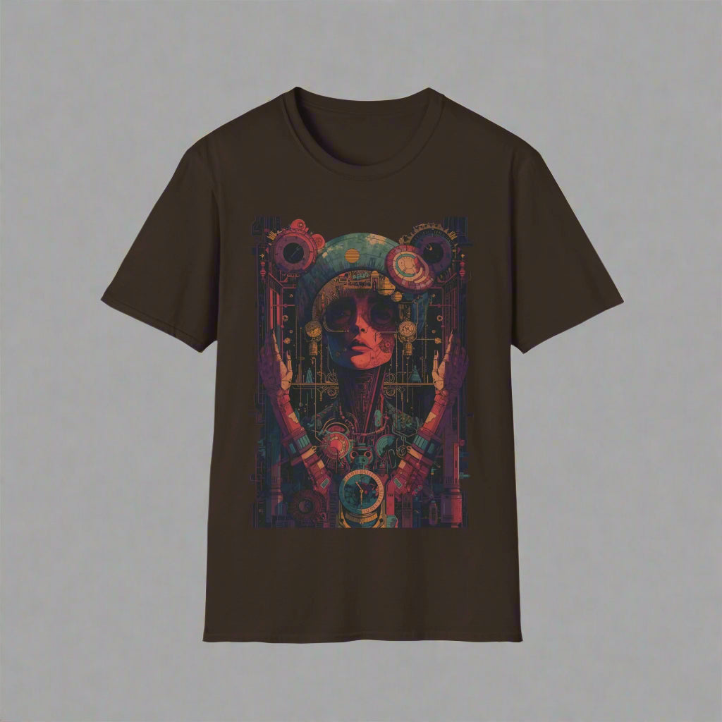 Brown t-shirt with a colorful graphic design