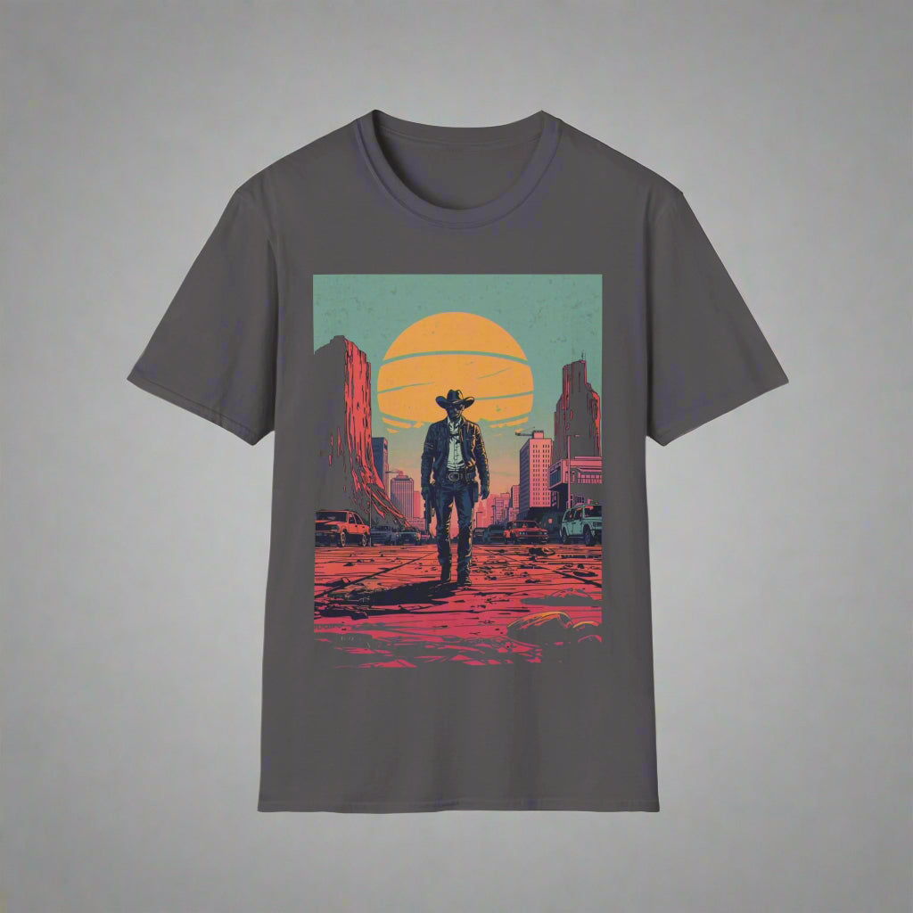 Gray t-shirt with a graphic of a cowboy