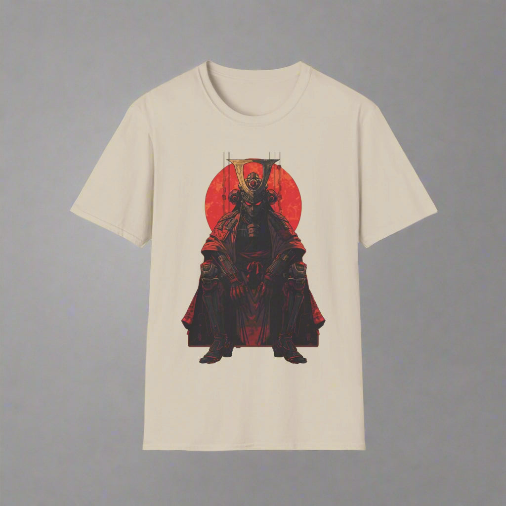 Beige t-shirt with a graphic of a character in a red circle