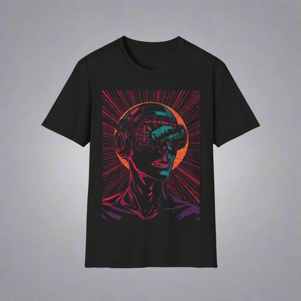 Black t-shirt with a colorful graphic design
