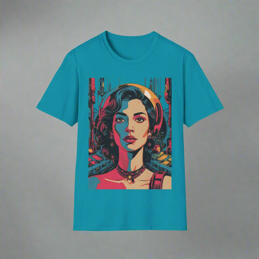 Teal t-shirt with a graphic of a woman in a futuristic setting