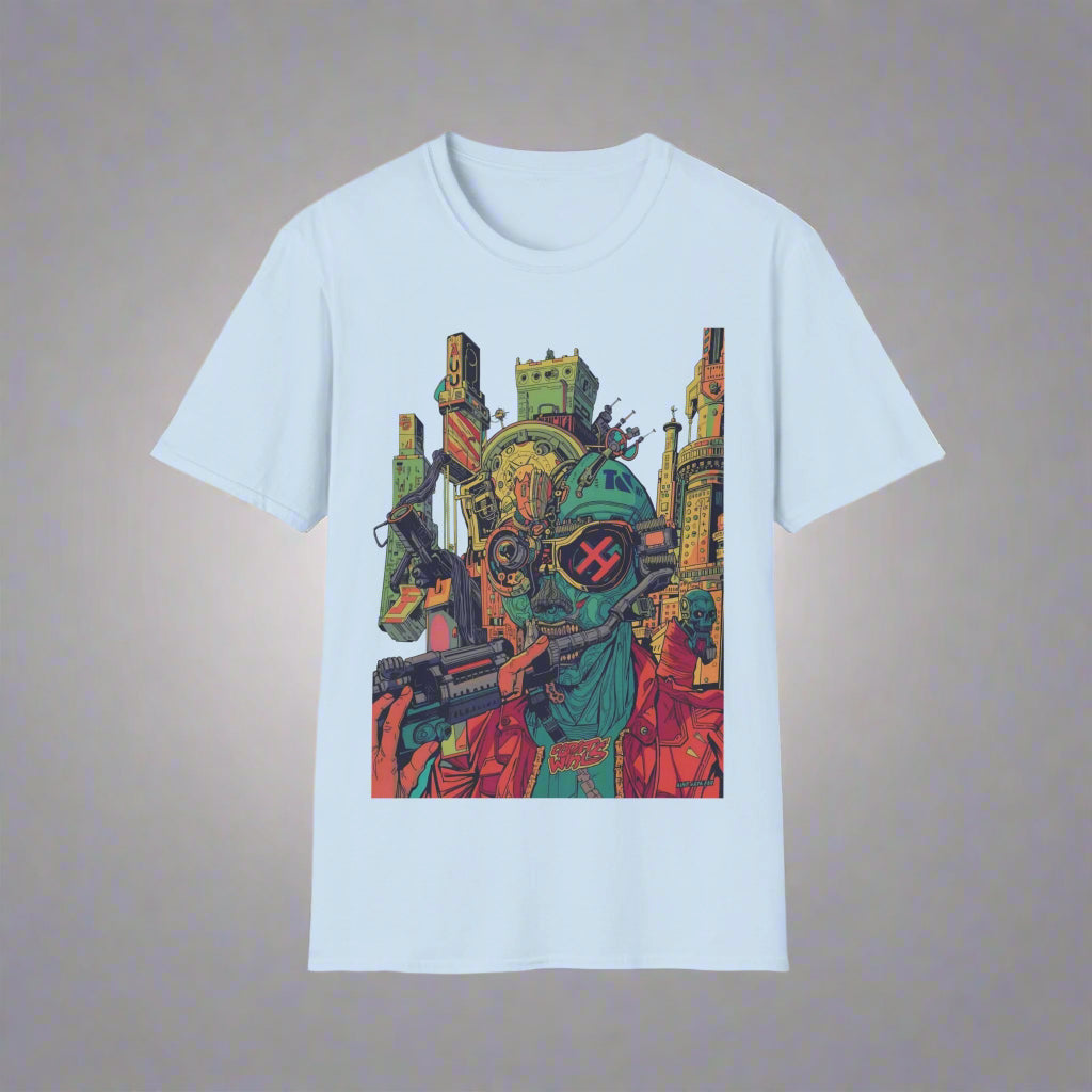 Light blue t-shirt with a colorful graphic design