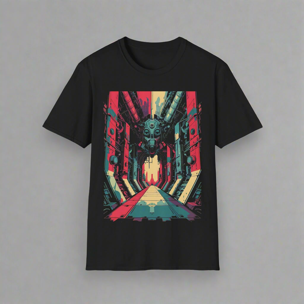 Black t-shirt with a colorful alien design