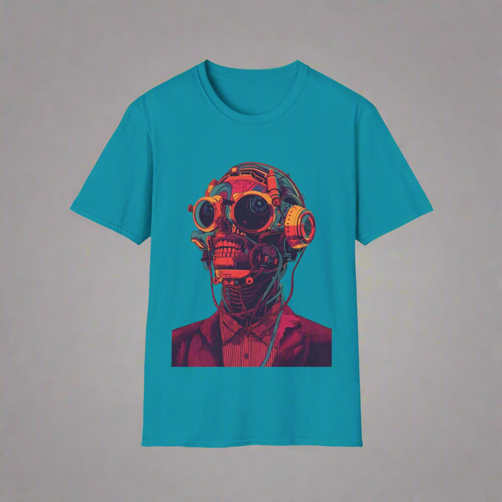 Teal t-shirt with a graphic of a person wearing a gas mask