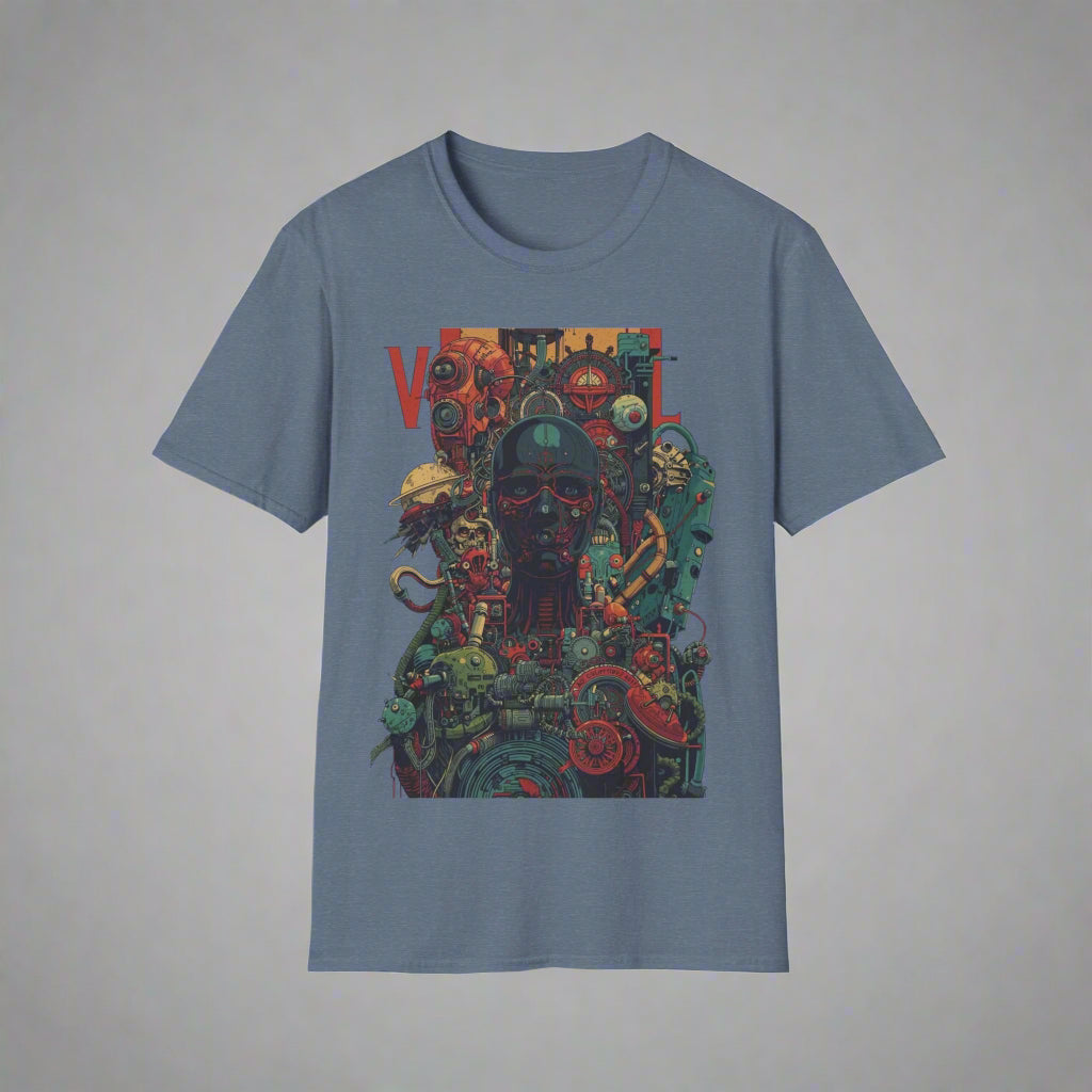 Blue t-shirt with a colorful graphic design