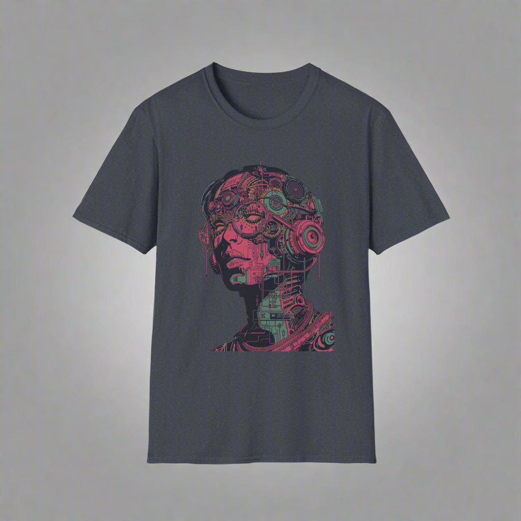 Gray t-shirt with a mechanical head design