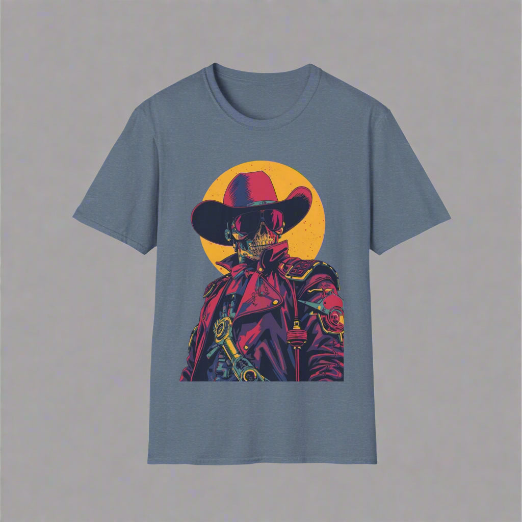 Blue t-shirt with a colorful graphic of a skeleton wearing a cowboy hat and jacket