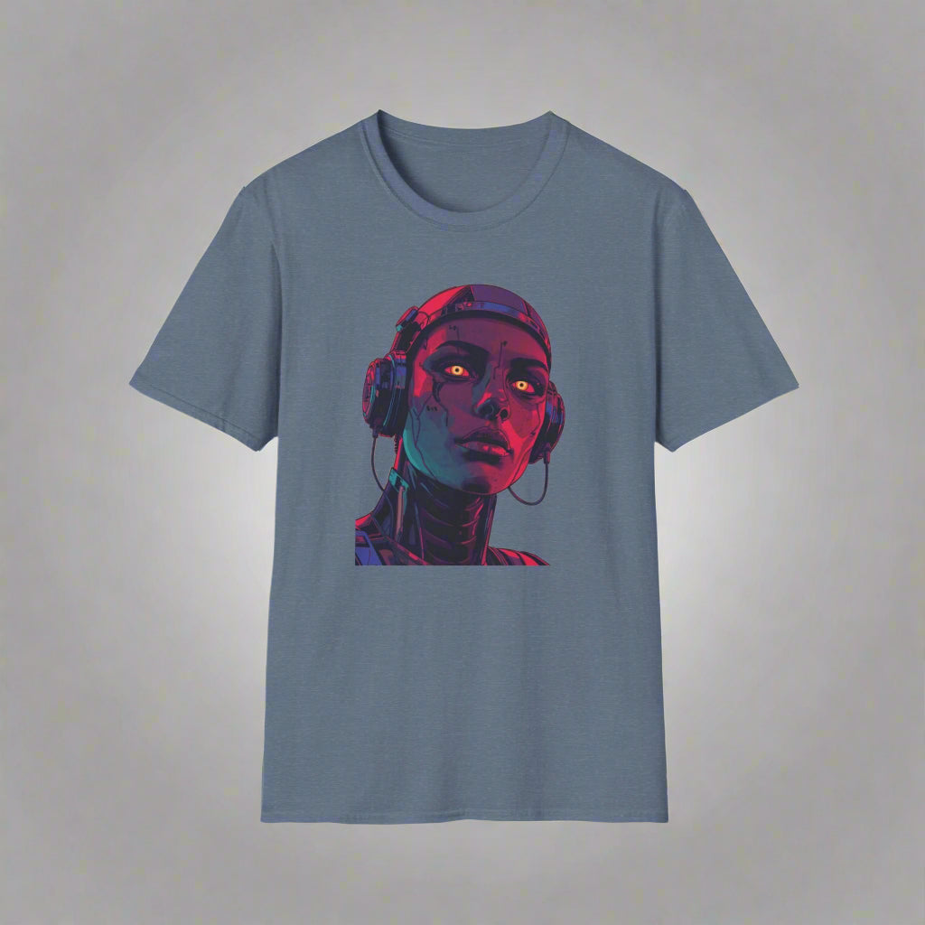 Blue t-shirt with a graphic of a person wearing headphones