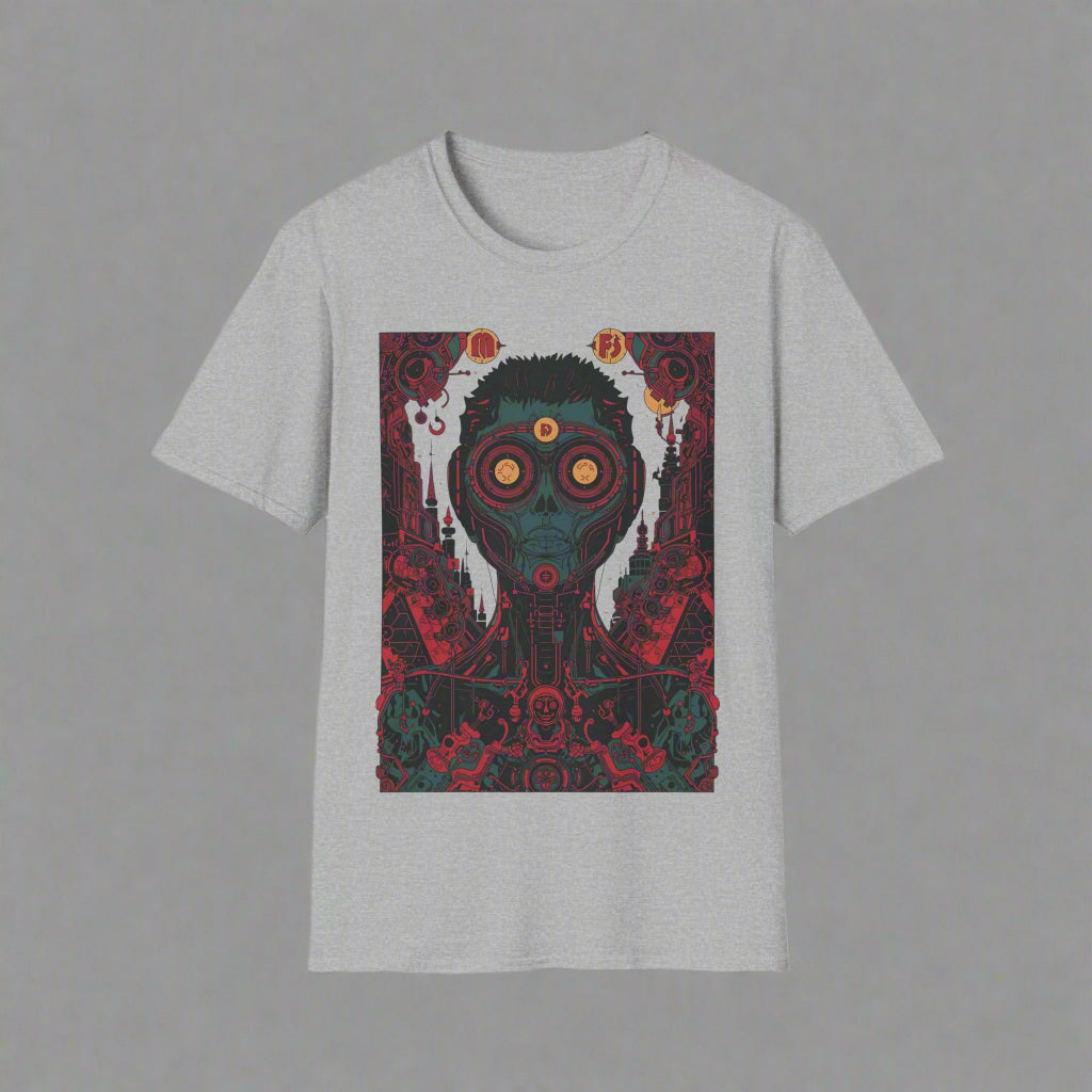 Gray t-shirt with a graphic design of a face with red eyes and intricate patterns