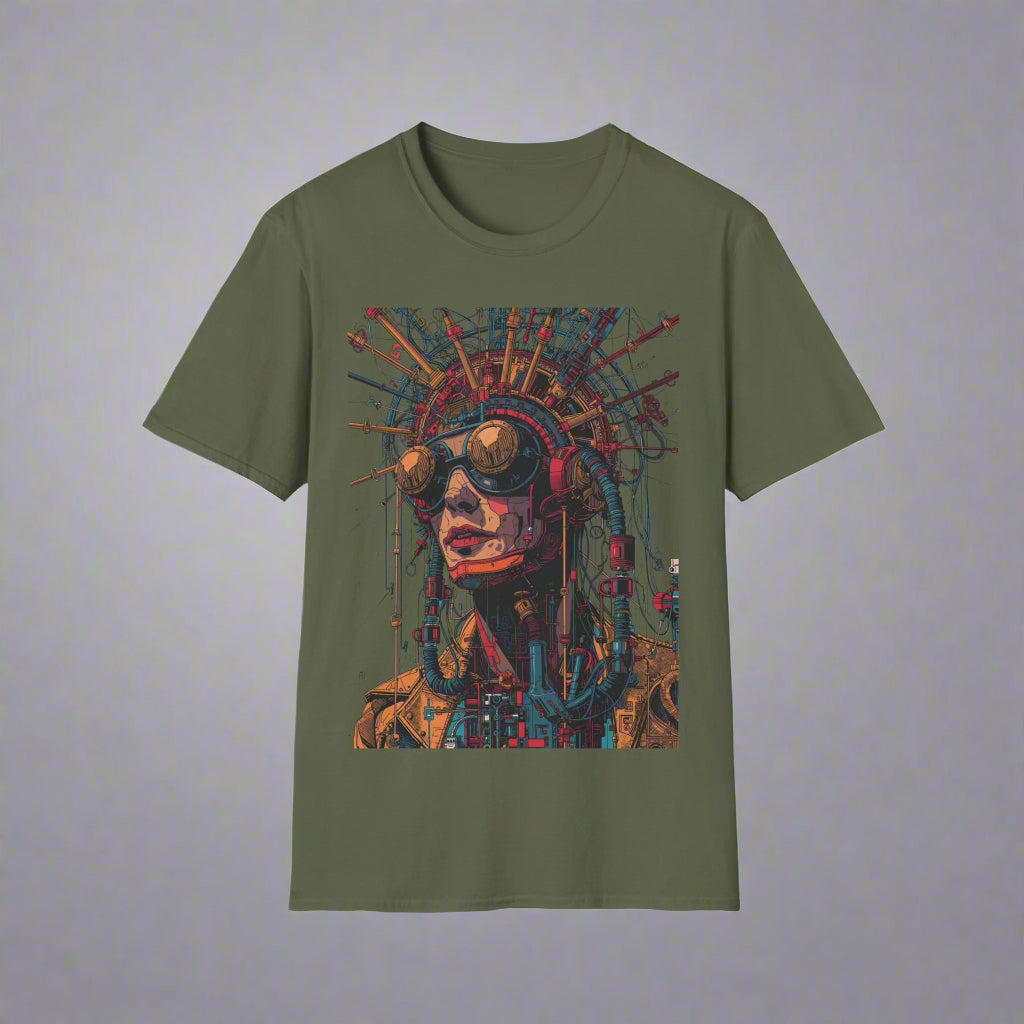 Green t-shirt with a colorful graphic design