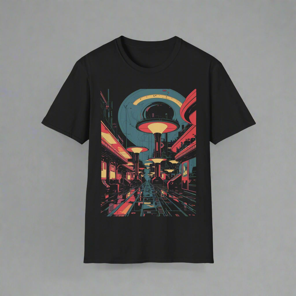 Black t-shirt with a futuristic cityscape design