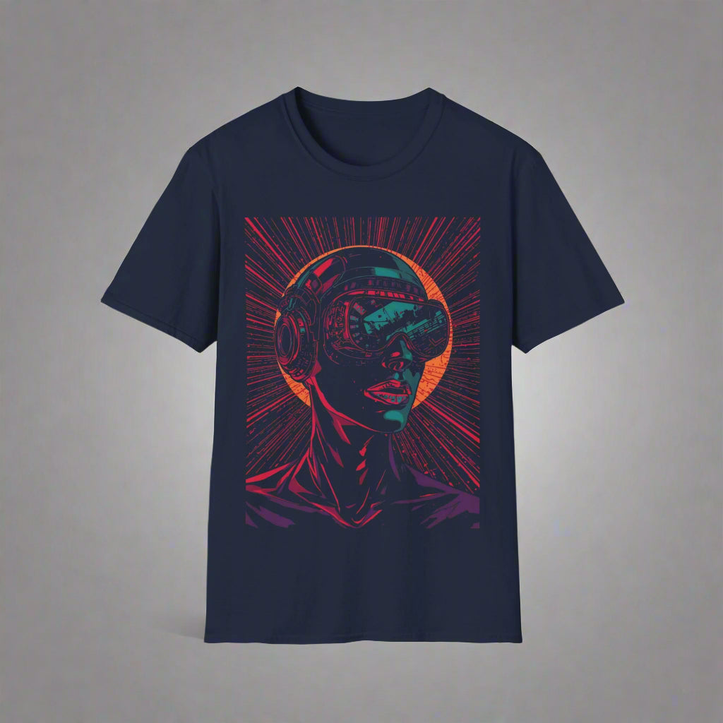 Navy blue t-shirt with a colorful graphic of a face