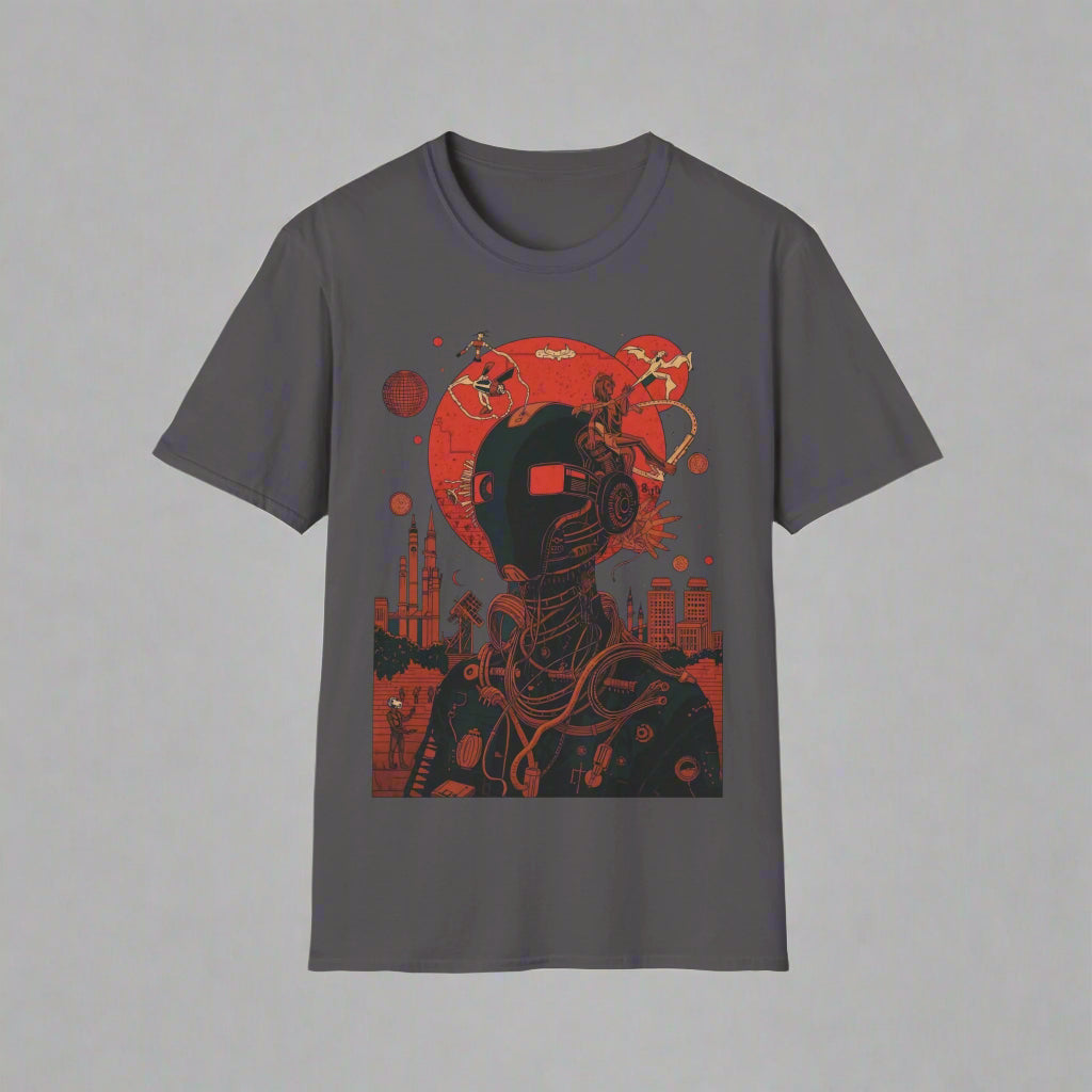 Gray t-shirt with a black and red graphic design