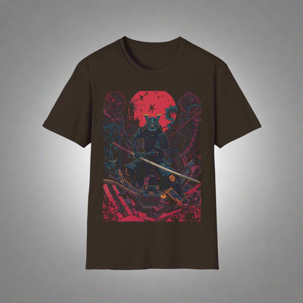 Black t-shirt with a graphic design of a person on a motorcycle