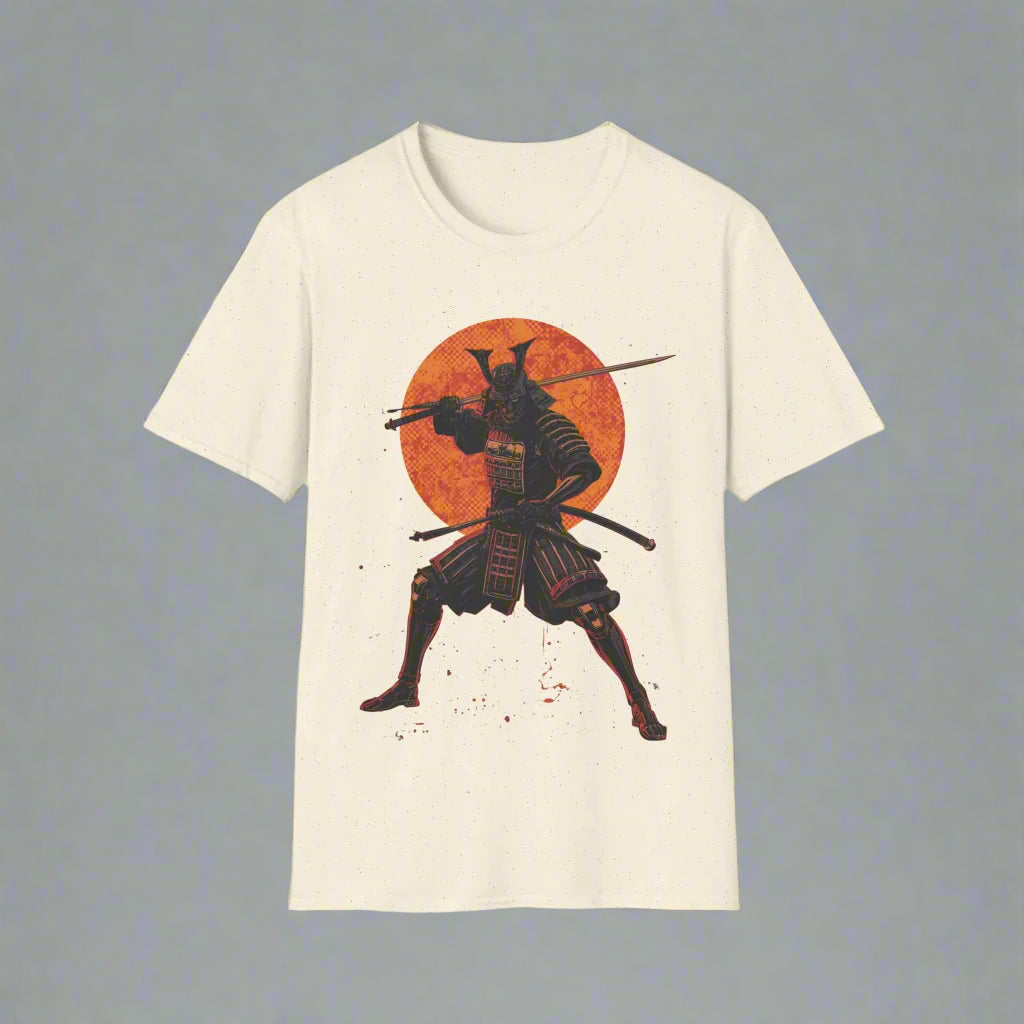 Gray t-shirt with a samurai design on an orange sun