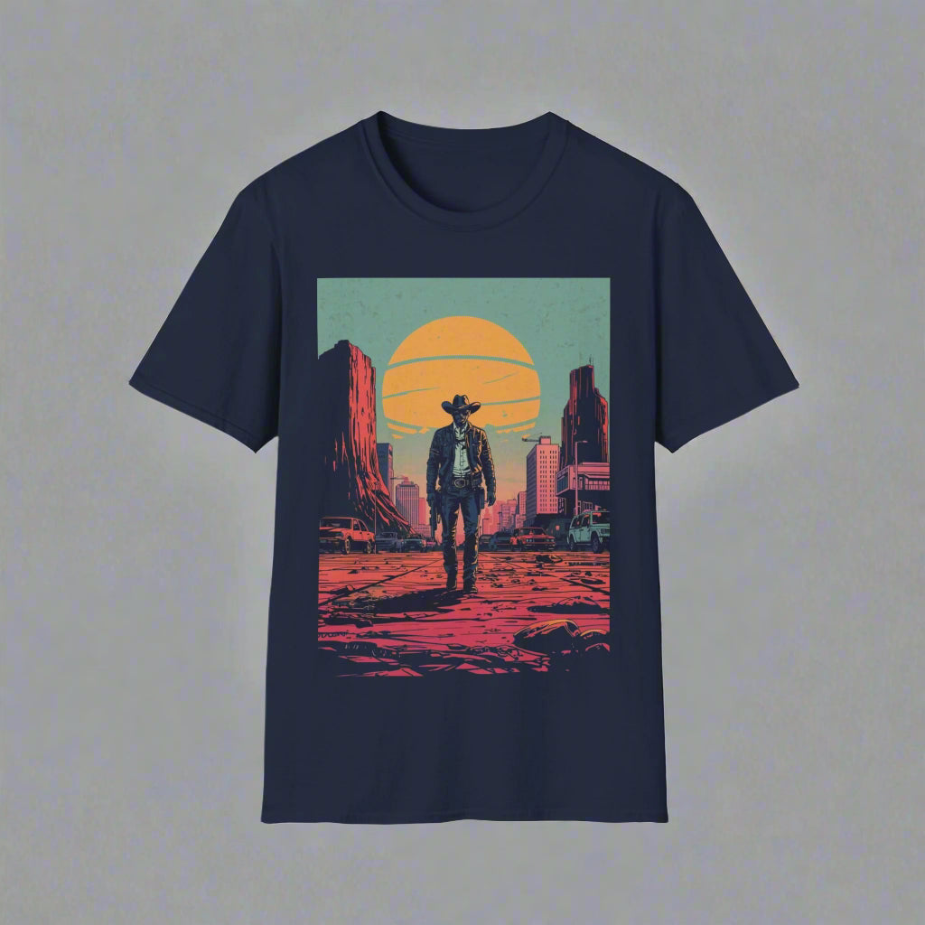 Navy blue t-shirt with a graphic of a cowboy