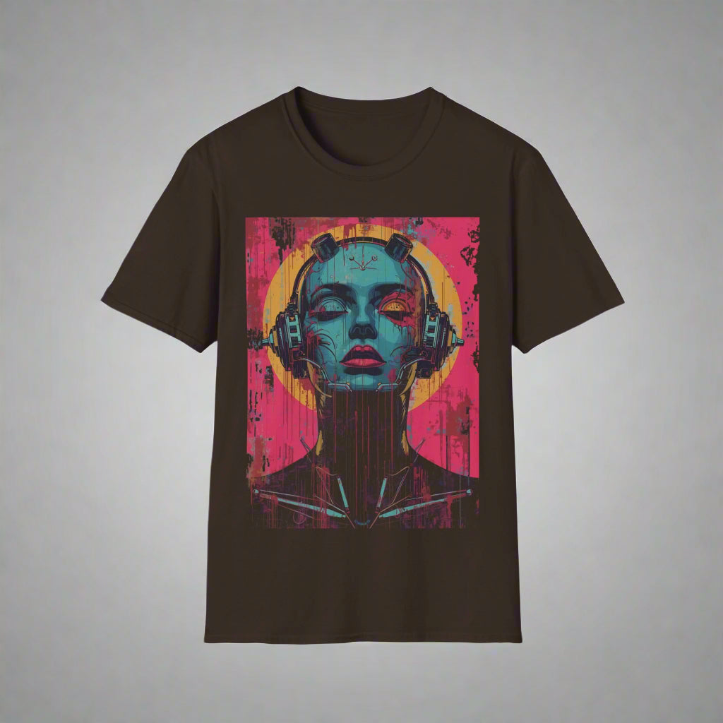 Black t-shirt with a colorful graphic of a face wearing headphones