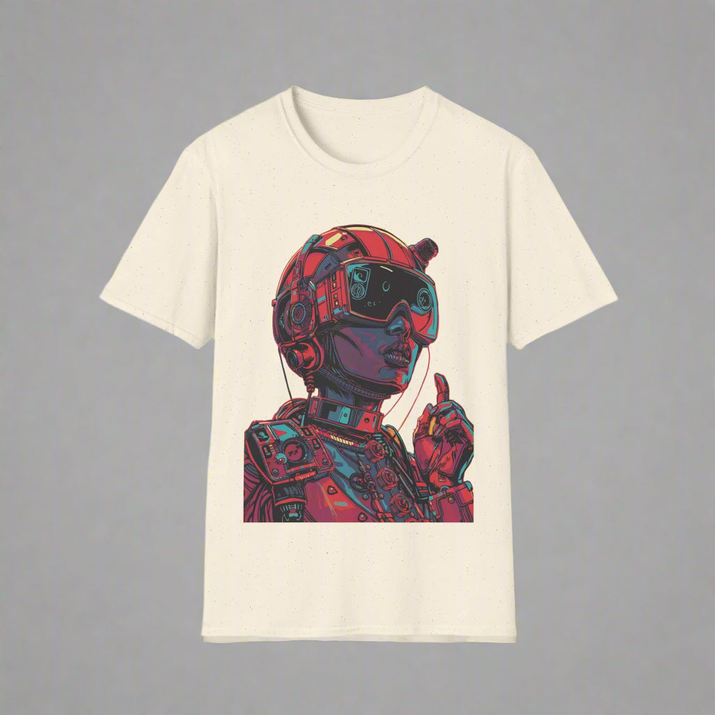 T-shirt with a colorful graphic of a person wearing goggles