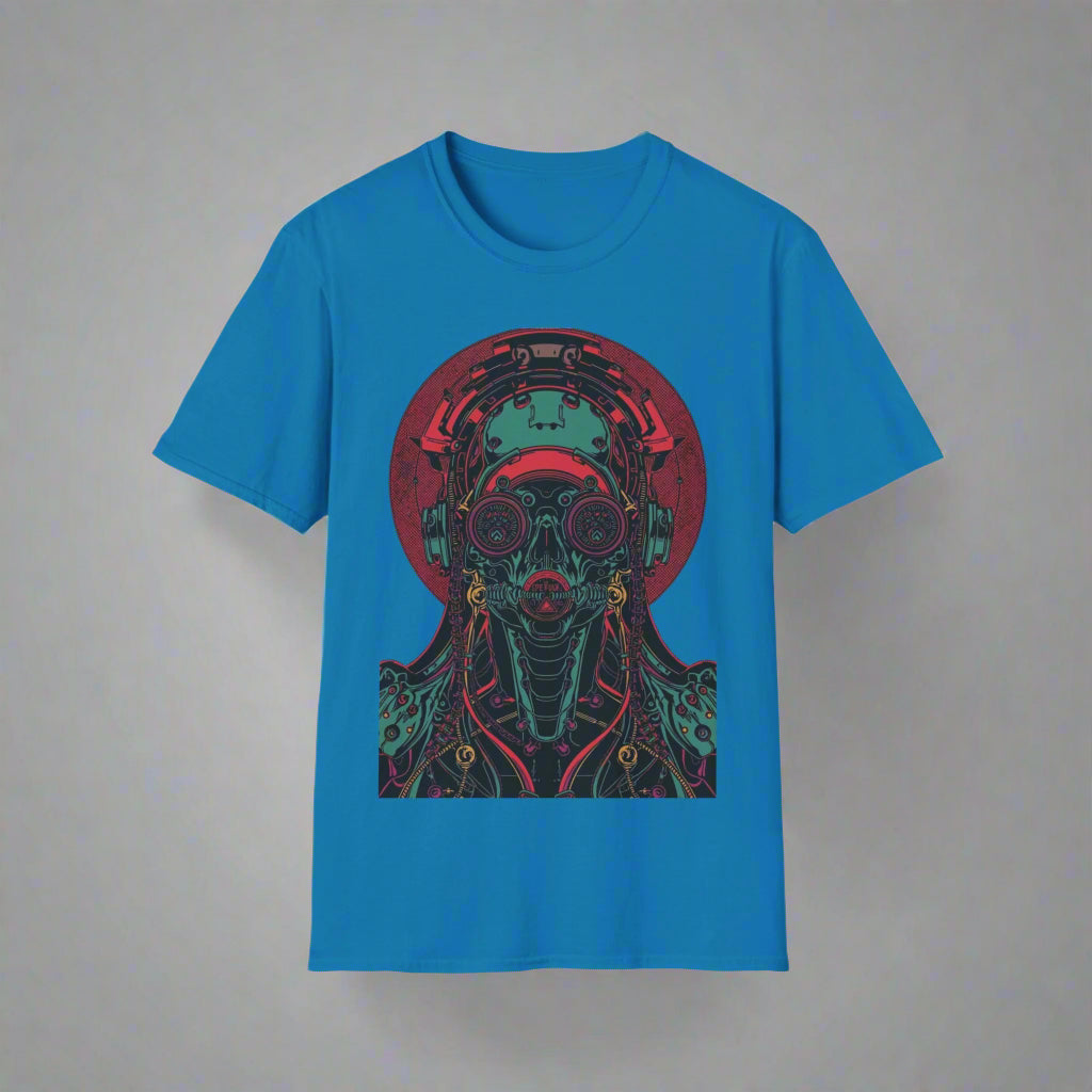 Blue t-shirt with a colorful graphic design