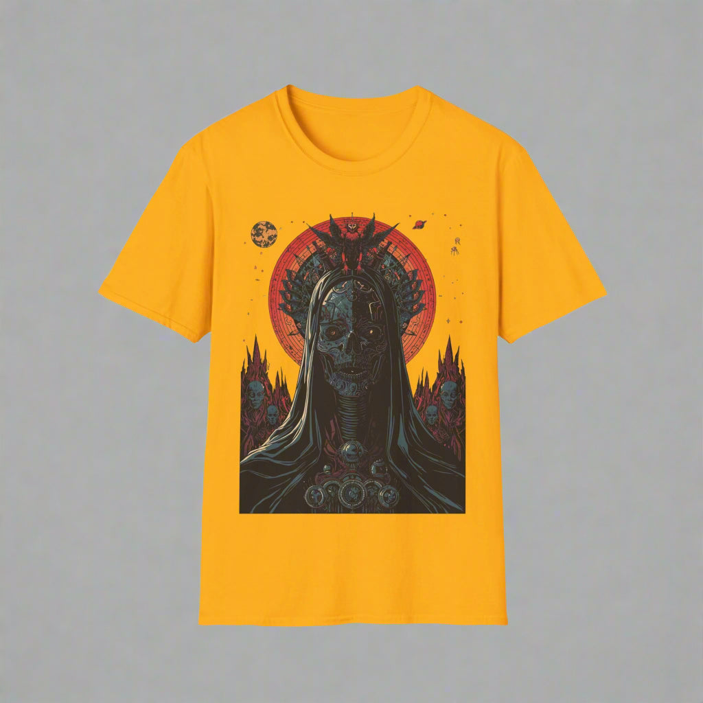 Yellow t-shirt with a graphic design of a hooded figure