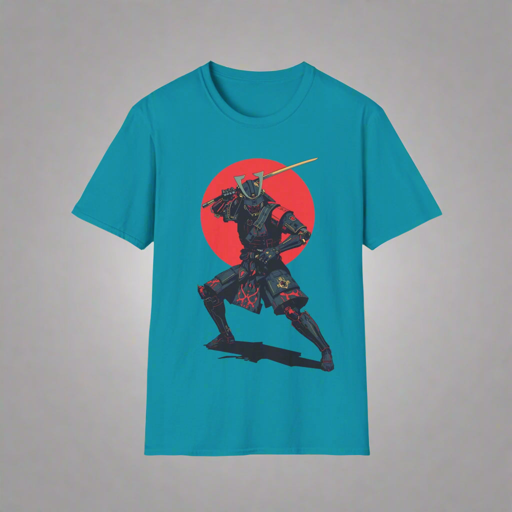 Teal t-shirt with a black warrior graphic on a red circle