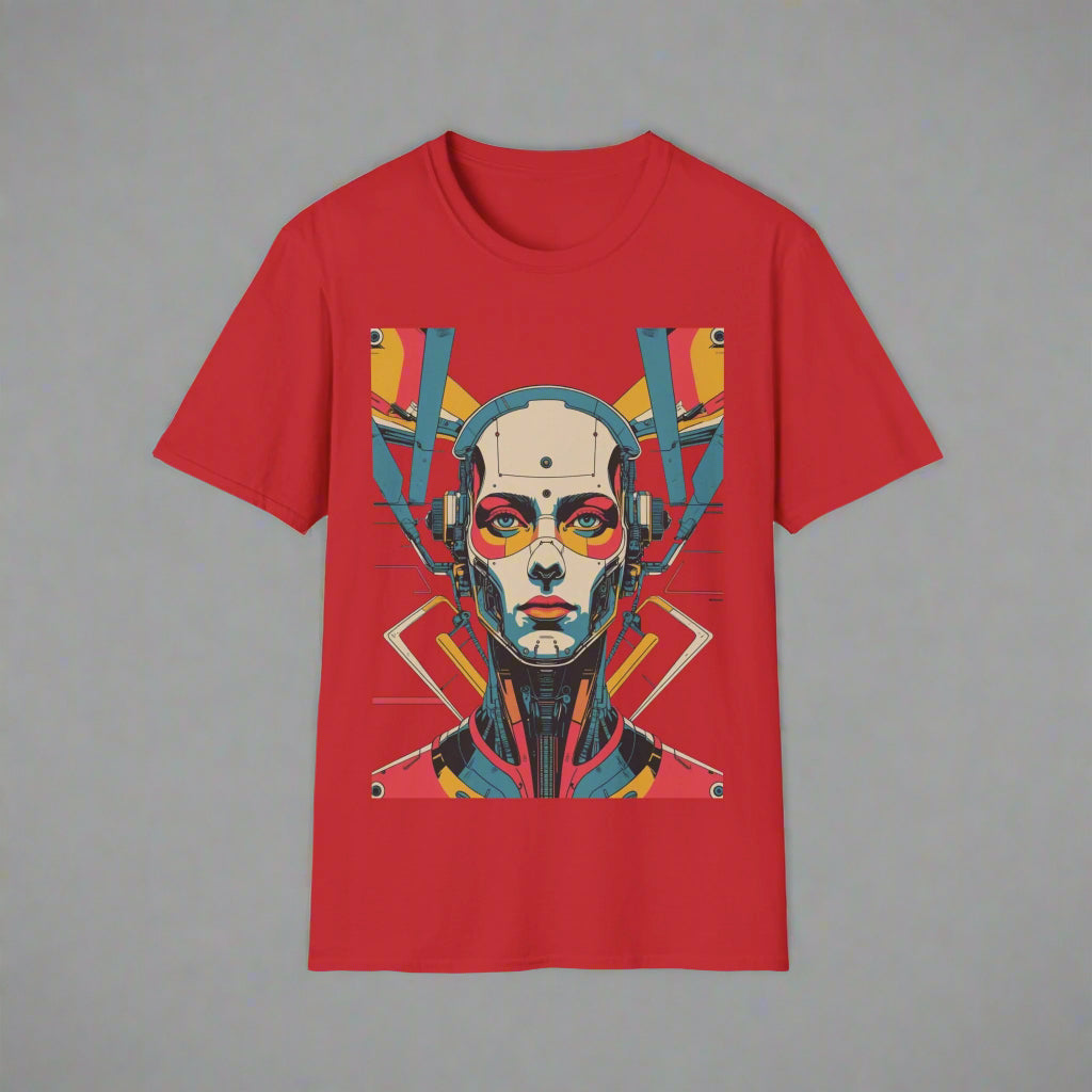 Red t-shirt with a colorful graphic design