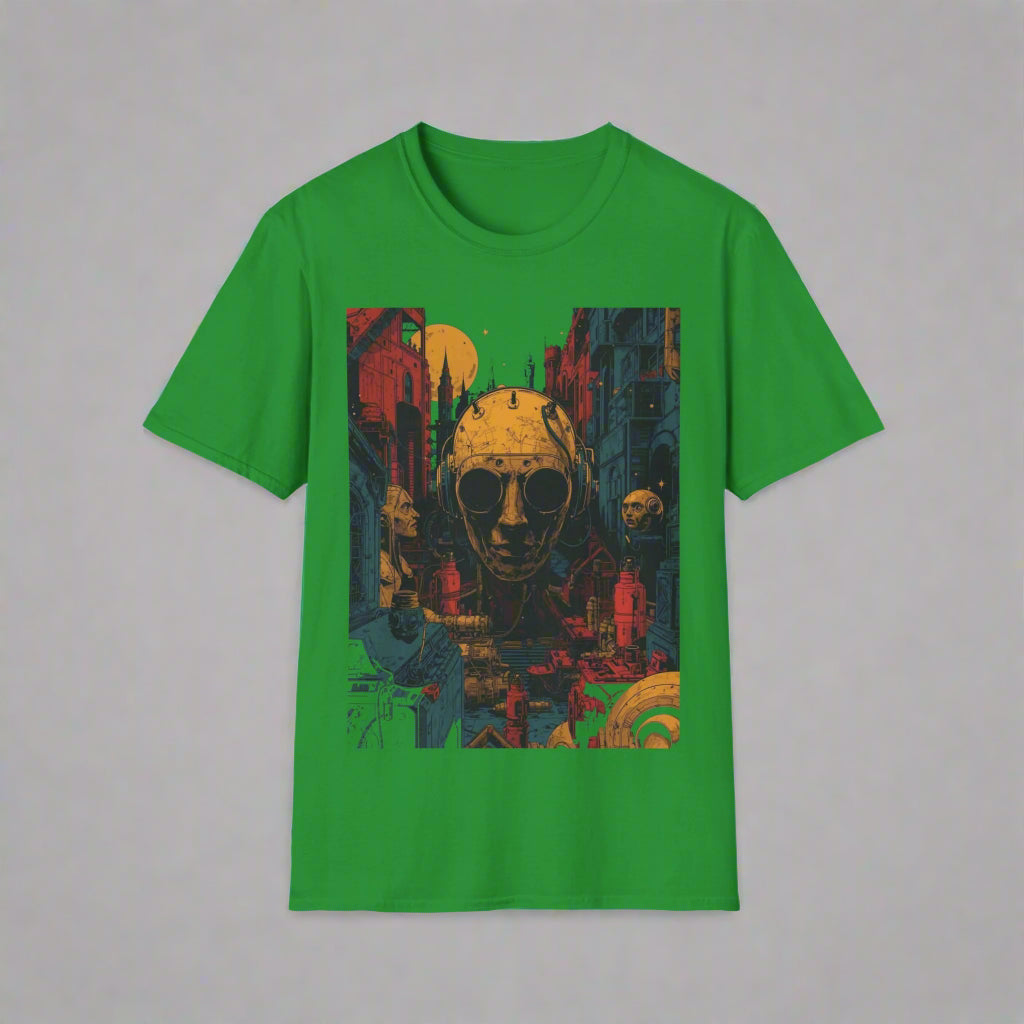 Green t-shirt with a colorful graphic design