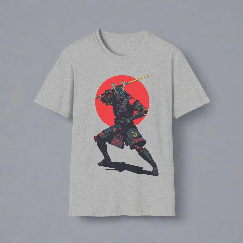 Gray t-shirt with a black and red samurai design
