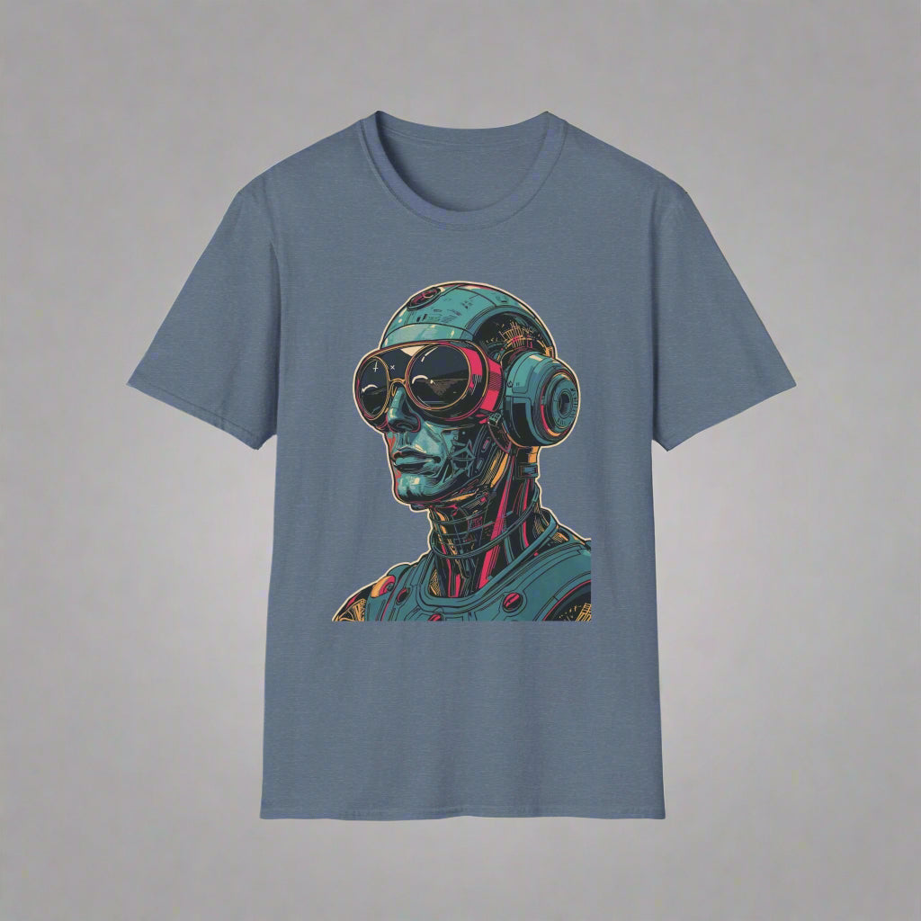 Blue t-shirt with a robot graphic