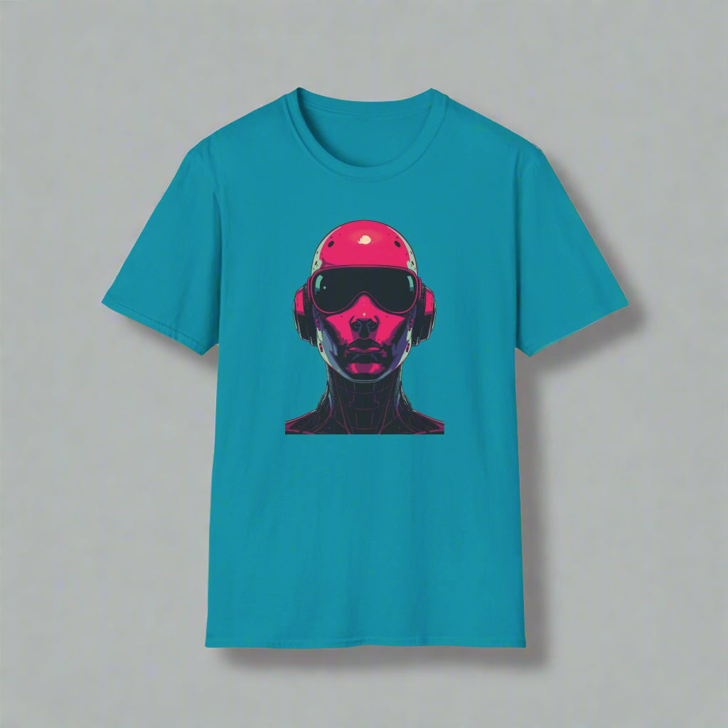 Teal t-shirt with a graphic of a face wearing sunglasses and headphones